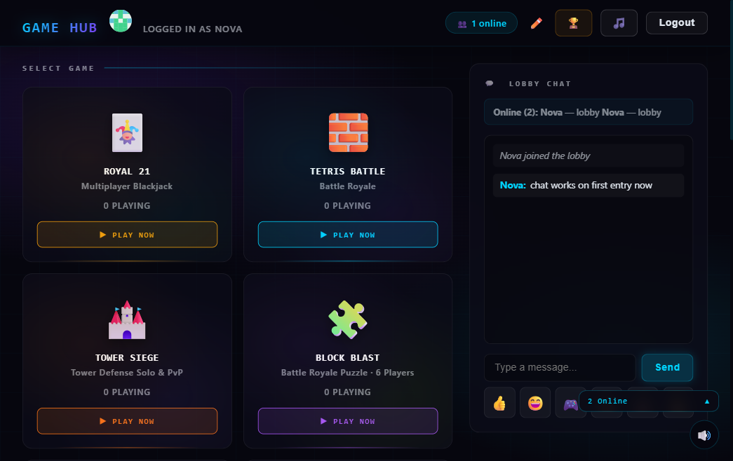 The GameHub lobby: an 11-game grid, live lobby chat, and a player avatar.