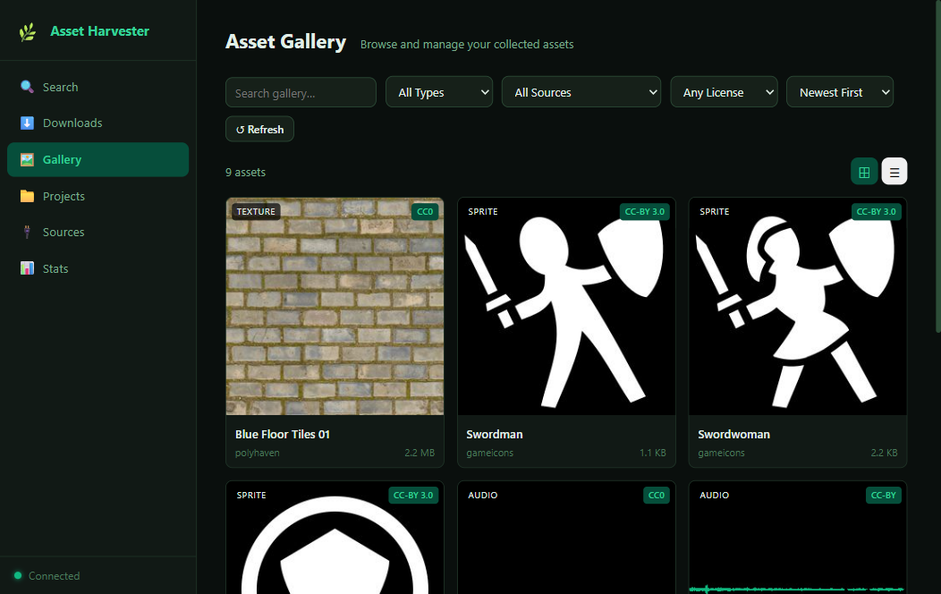 The asset gallery: nine downloaded assets with generated thumbnails โ a brick texture, SVG sprites, audio waveforms and NASA images โ each with type and license badges.