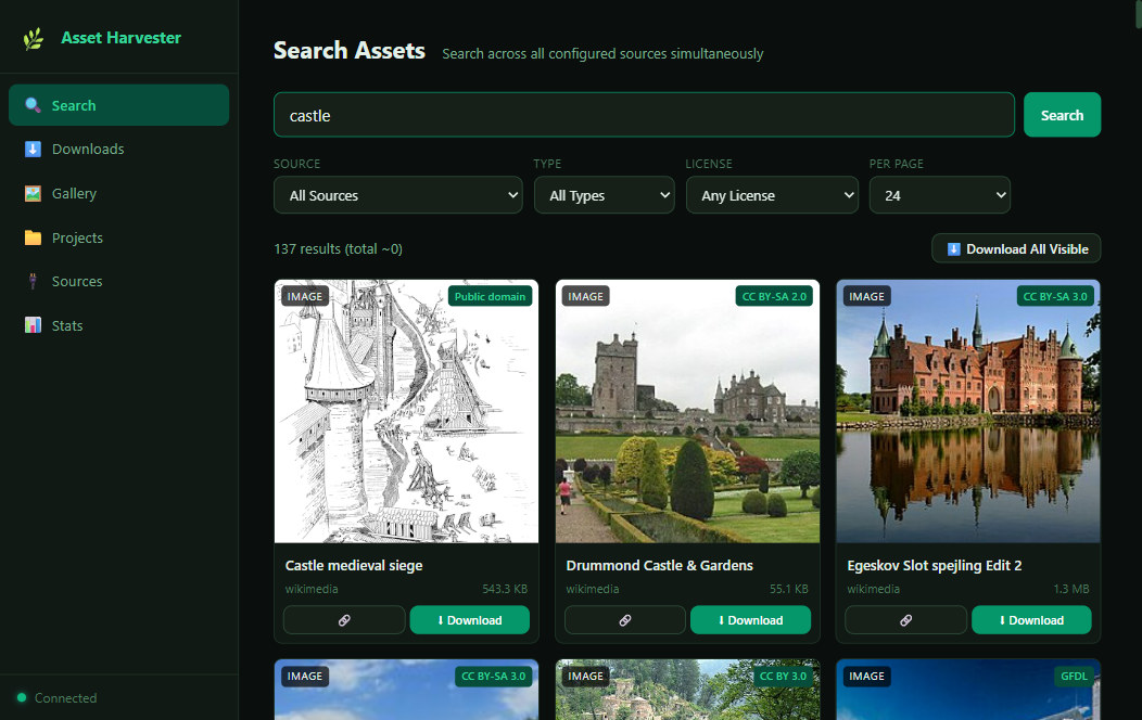 The search page: a single 'castle' query returning 137 source-labeled result cards, each with a license chip (Public domain, CC BY-SA) and a download button.