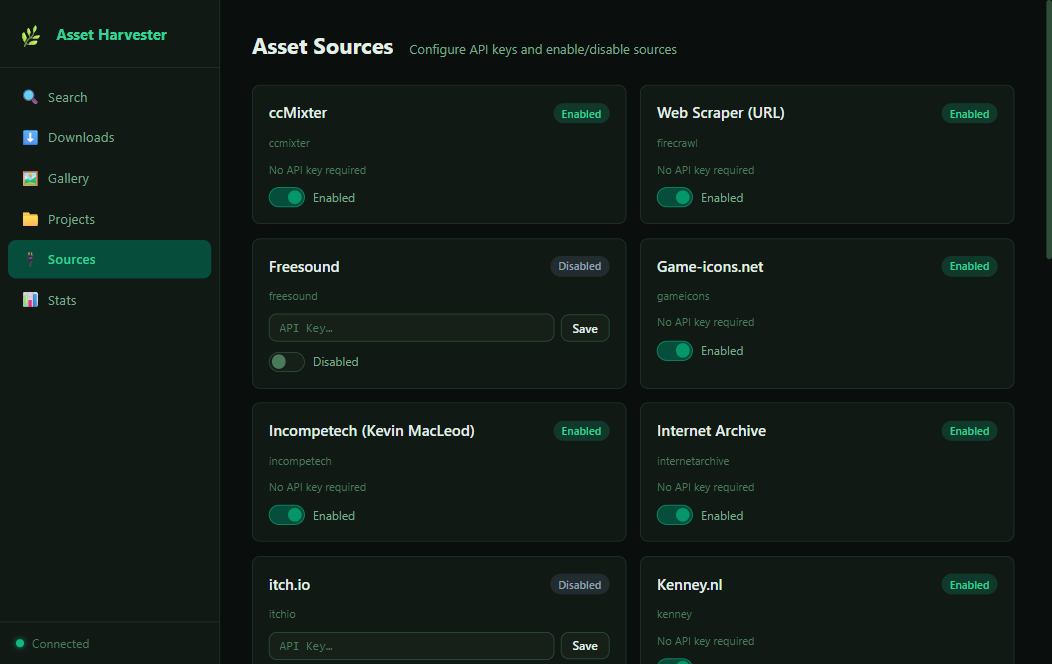 Sources admin: per-source cards with enable toggles; keyed sources show a masked API-key field and Save button.