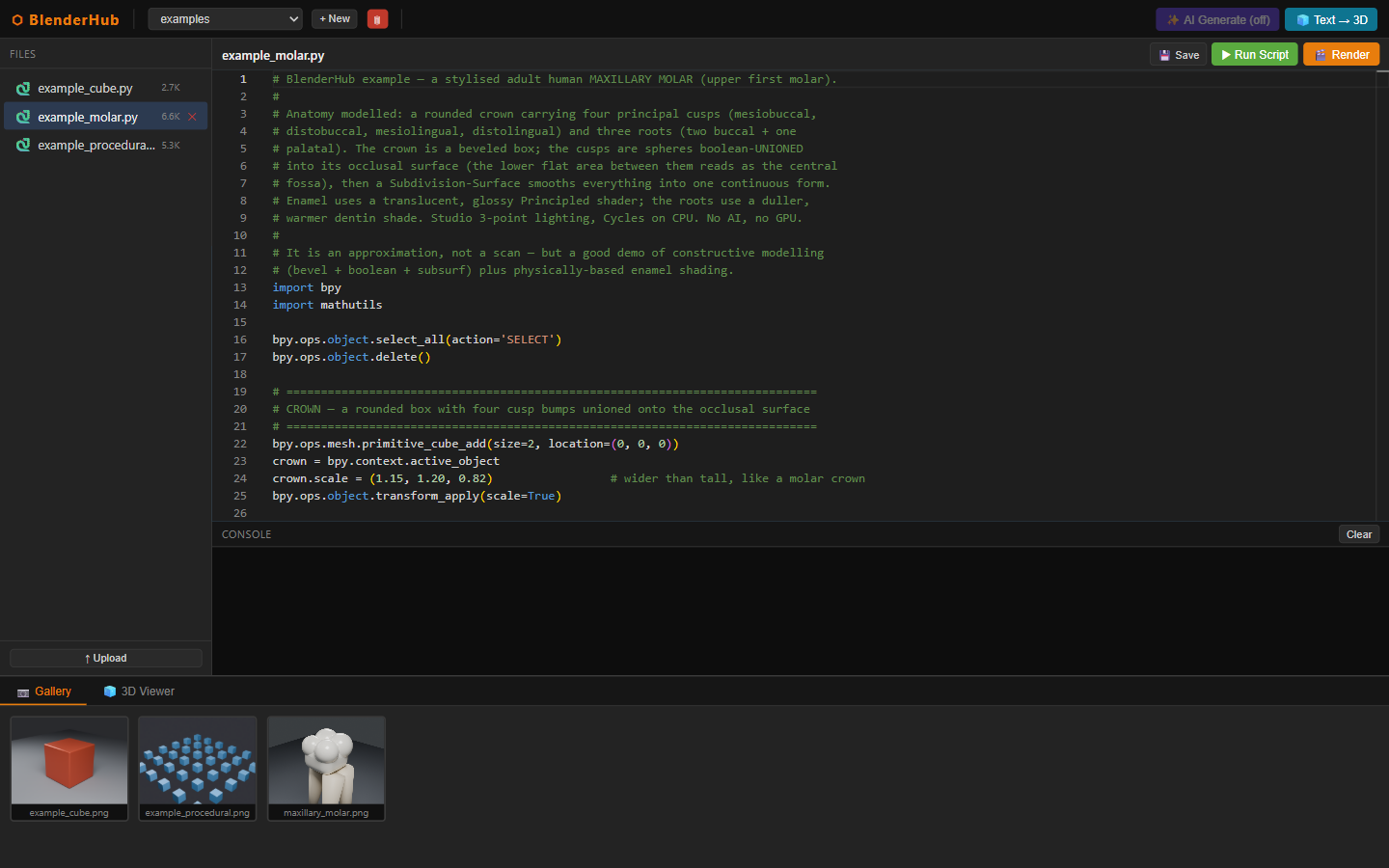 The BlenderHub web IDE: a Monaco bpy editor beside a live WebSocket console streaming a Blender render.