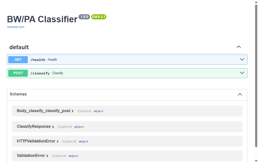 The BW/PA Classifier's Swagger UI: title with OpenAPI 3.1 badge, a GET /health endpoint and a POST /classify endpoint, and the request/response schemas below.