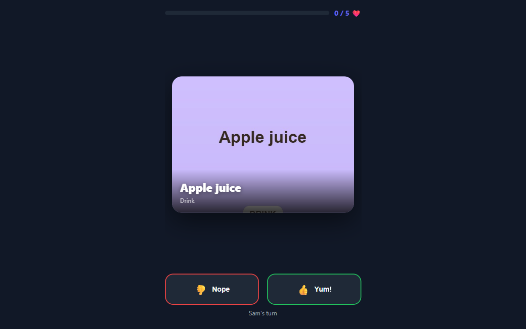 The Fussy Eater swipe flow: a child joins by room code and likes or dislikes food cards until the session completes.