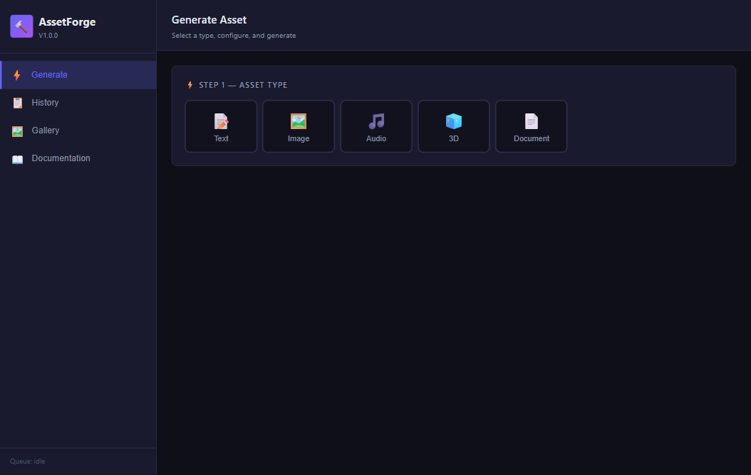 AssetForge generate view: five asset-type tiles — text, image, audio, 3D, document.