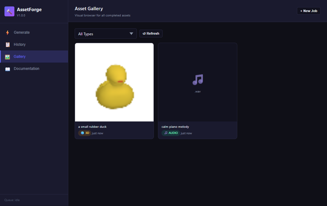 AssetForge gallery showing two generated assets: a 3D-rendered rubber duck GIF preview and a generated WAV music clip.