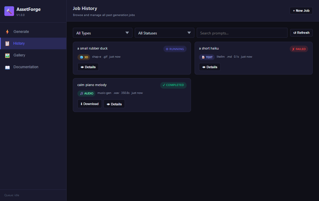 AssetForge job history: a completed CPU music-generation job with a Download button, a 3D Shap-E job running, and a text job that failed cleanly because no LLM endpoint is configured.