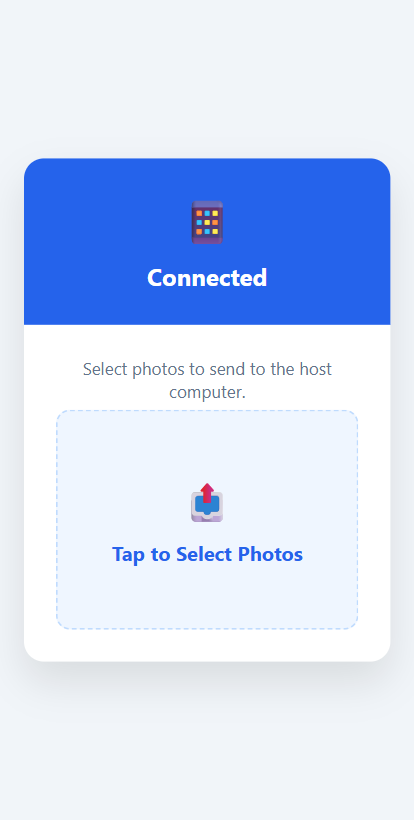 The PhotoDrop mobile uploader on a phone: a Connected header and a large Tap to Select Photos dropzone.