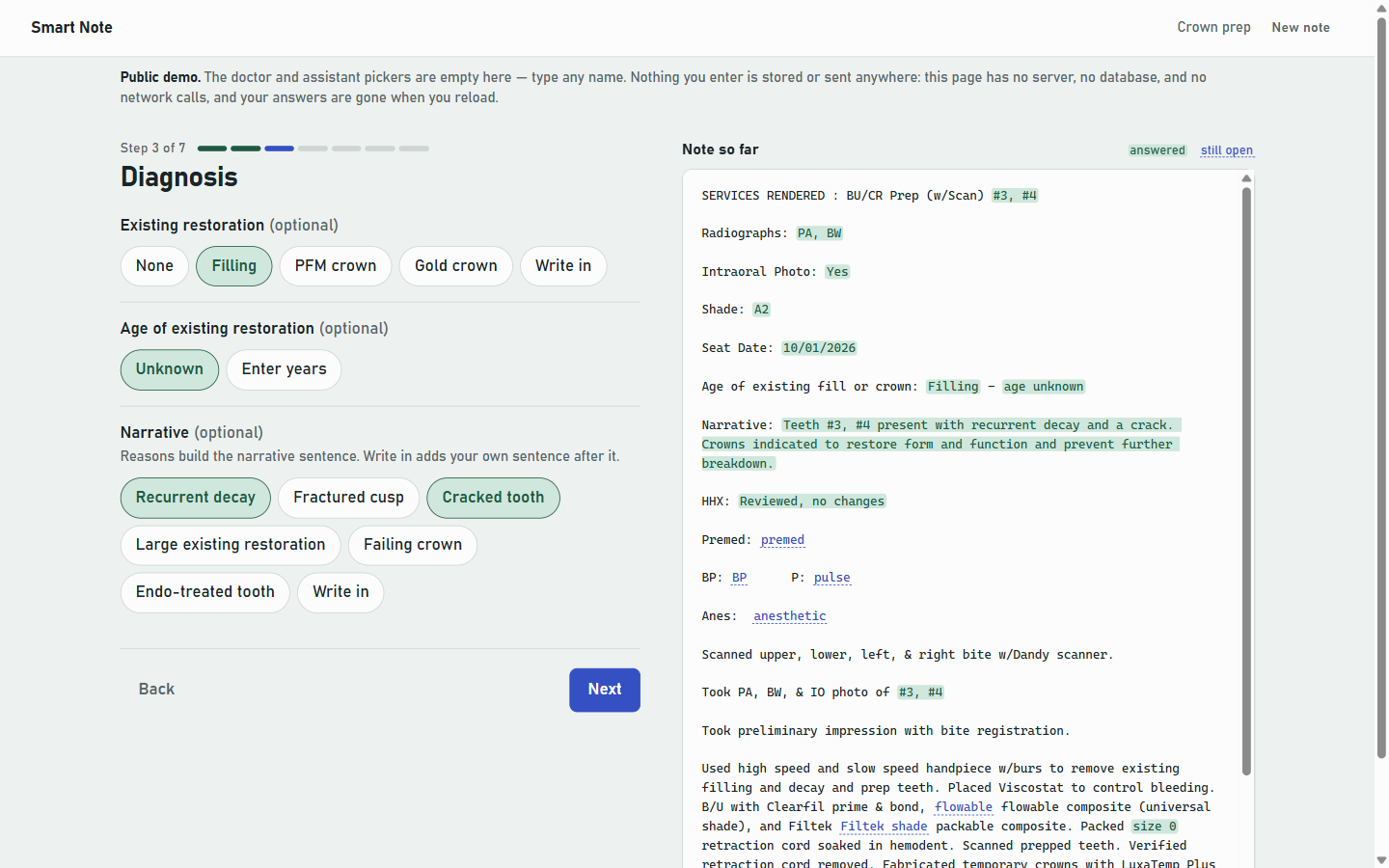 The Diagnosis step: chips for existing restoration and age, a multi-select narrative reason list with 'Recurrent decay' and 'Cracked tooth' chosen, and beside it the live note preview where answered values are highlighted green and unanswered ones show as blue dashed placeholders.