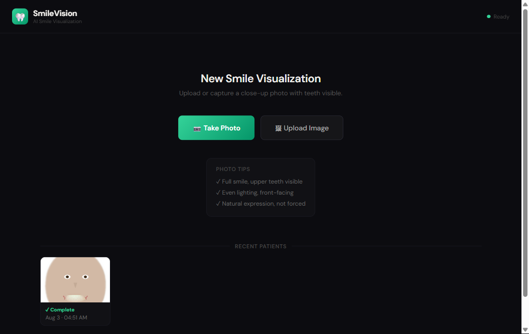The SmileVision interface: New Smile Visualization with Take Photo / Upload Image buttons, photo tips, and a Recent Patients strip showing one completed job whose thumbnail is an obviously synthetic cartoon face.